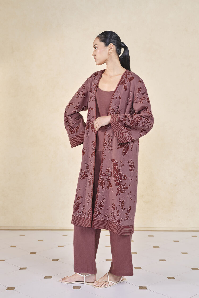 Rhubarb Hand-embroidered Kantha Linen Overlayer Set - Pink, Pink, image 3